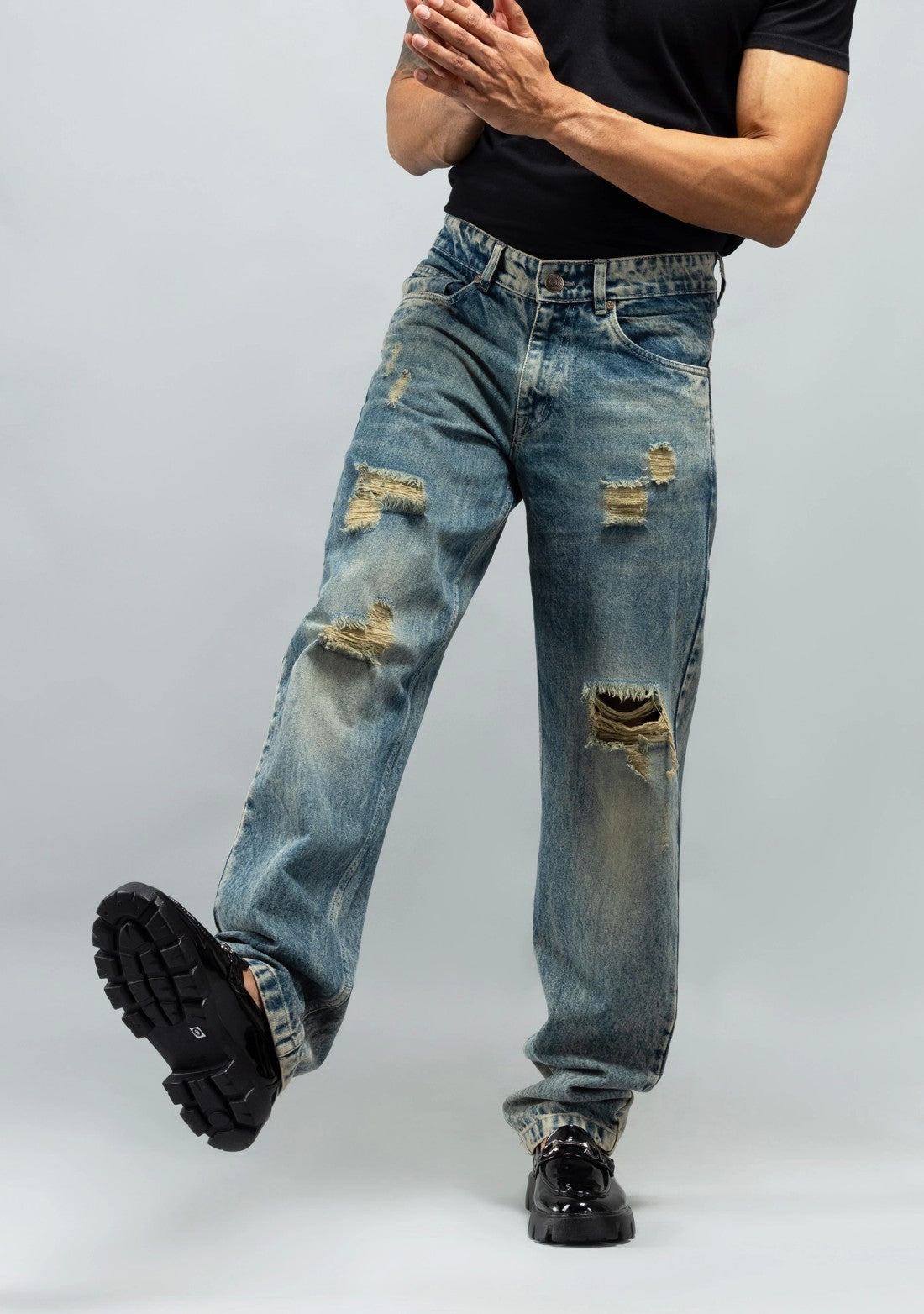 Classic Greenish Blue Distressed Mens Jeans Relaxed Fit Fashion Denim