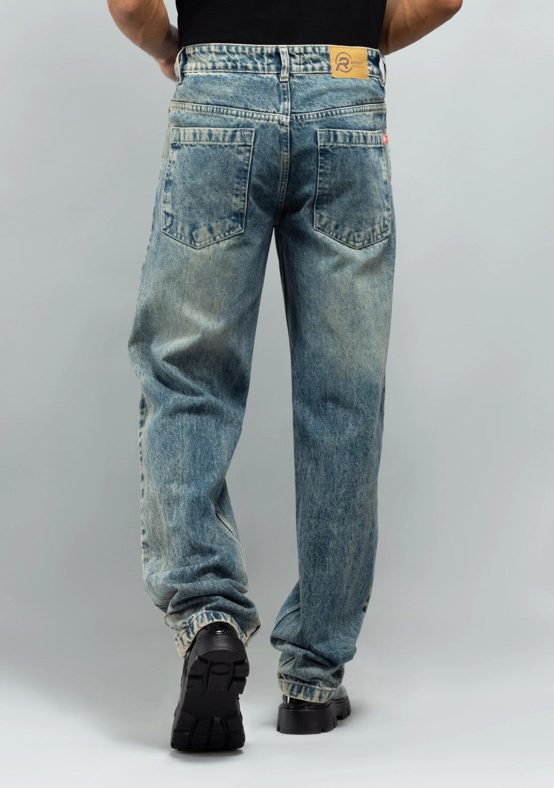 Classic Greenish Blue Distressed Mens Jeans Relaxed Fit Fashion Denim