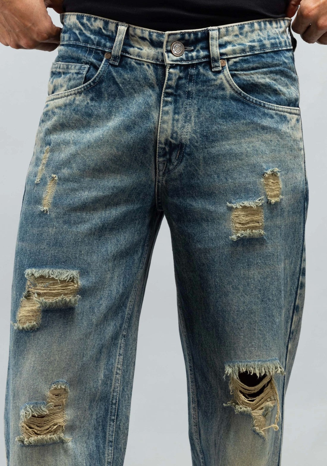Classic Greenish Blue Distressed Mens Jeans Relaxed Fit Fashion Denim