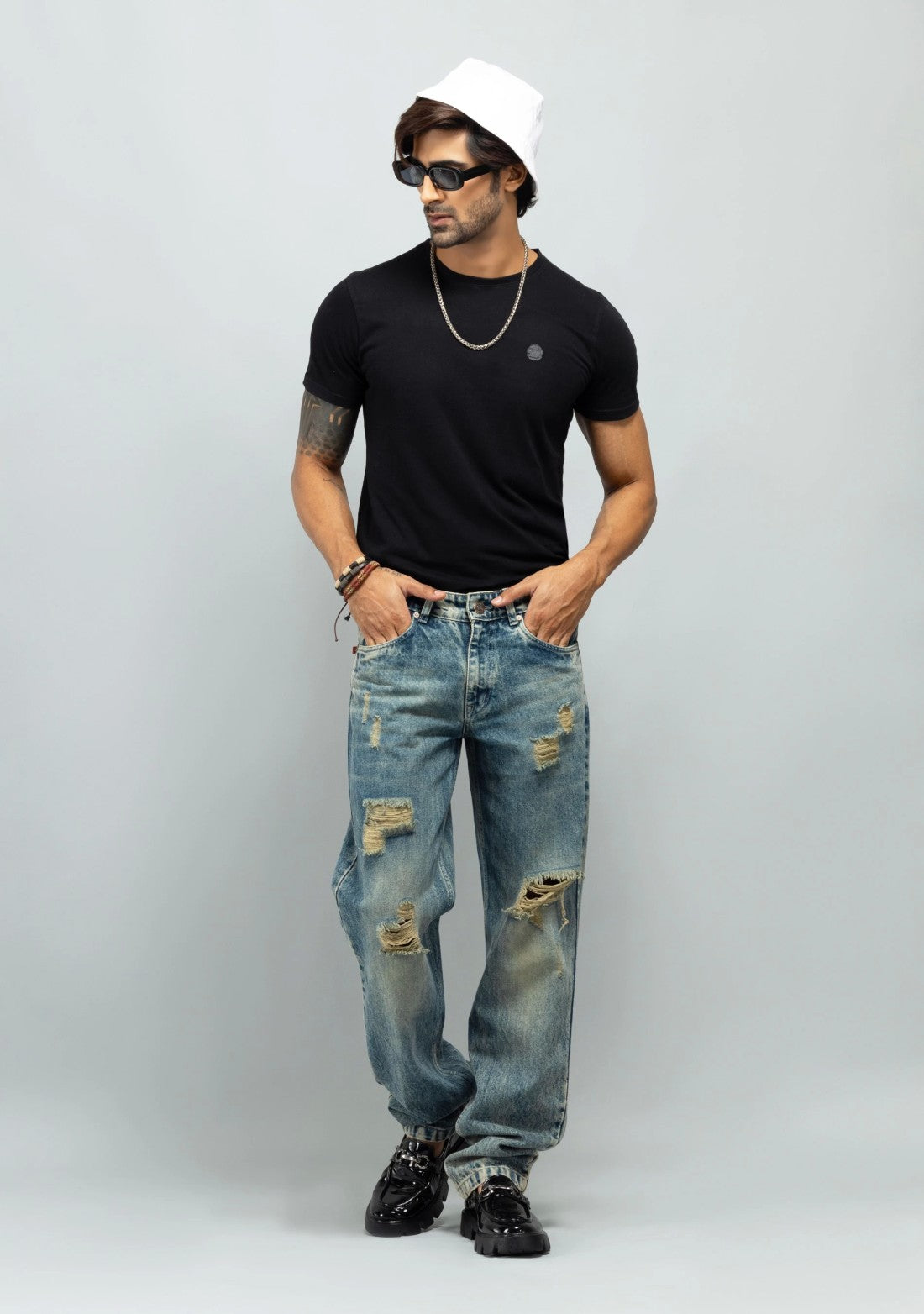 Classic Greenish Blue Distressed Mens Jeans Relaxed Fit Fashion Denim