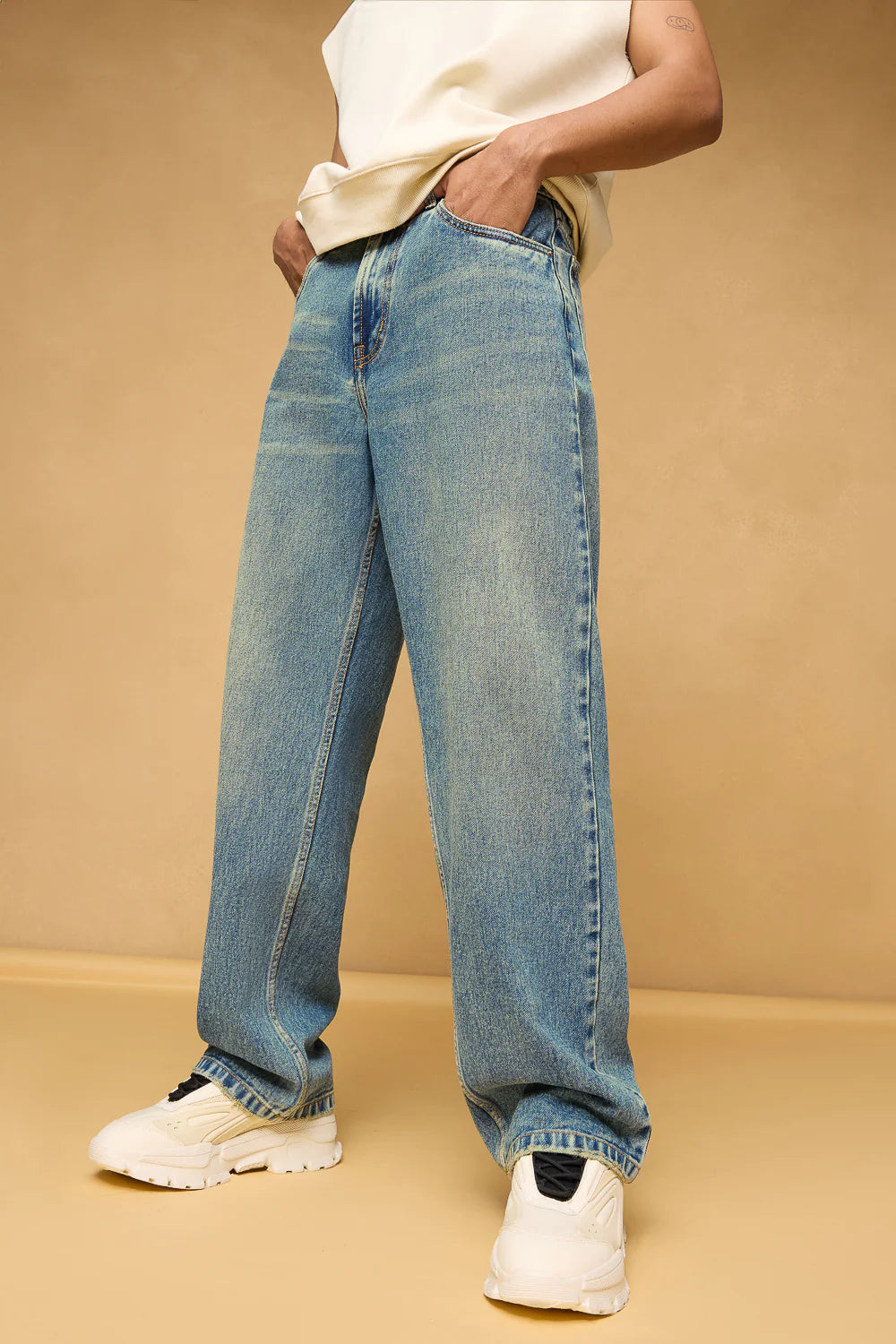 Trendy Blue Spruce Mens Baggy Straight Jeans with Relaxed Fit Casual Denim Style