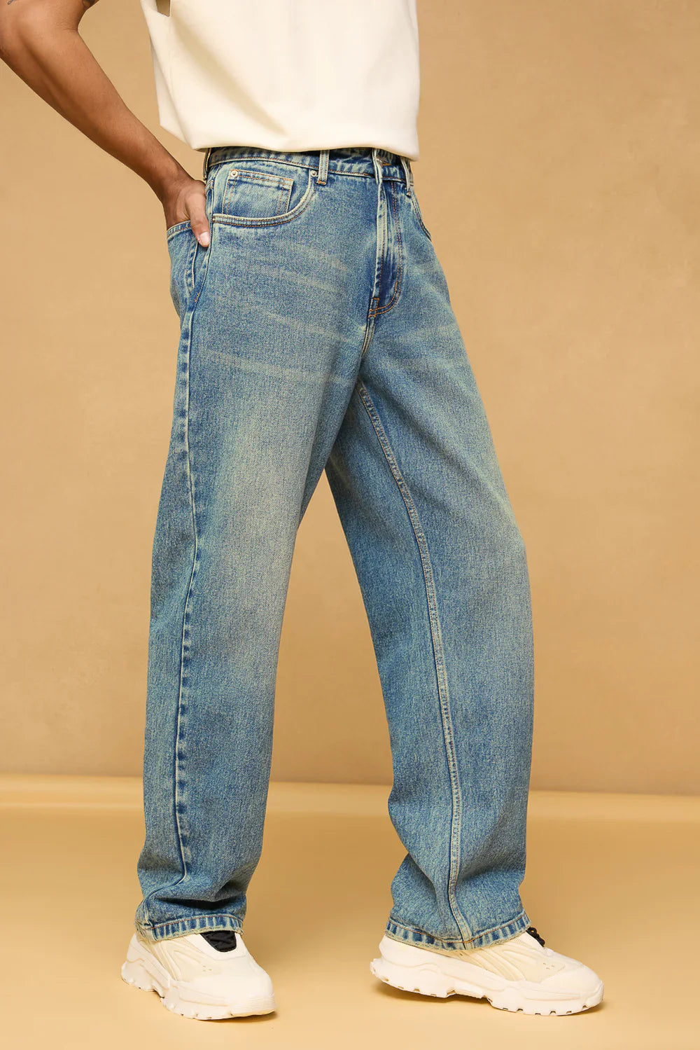 Mens Baggy Straight Leg Denim Jeans in Blue Spruce for Casual Everyday Wear