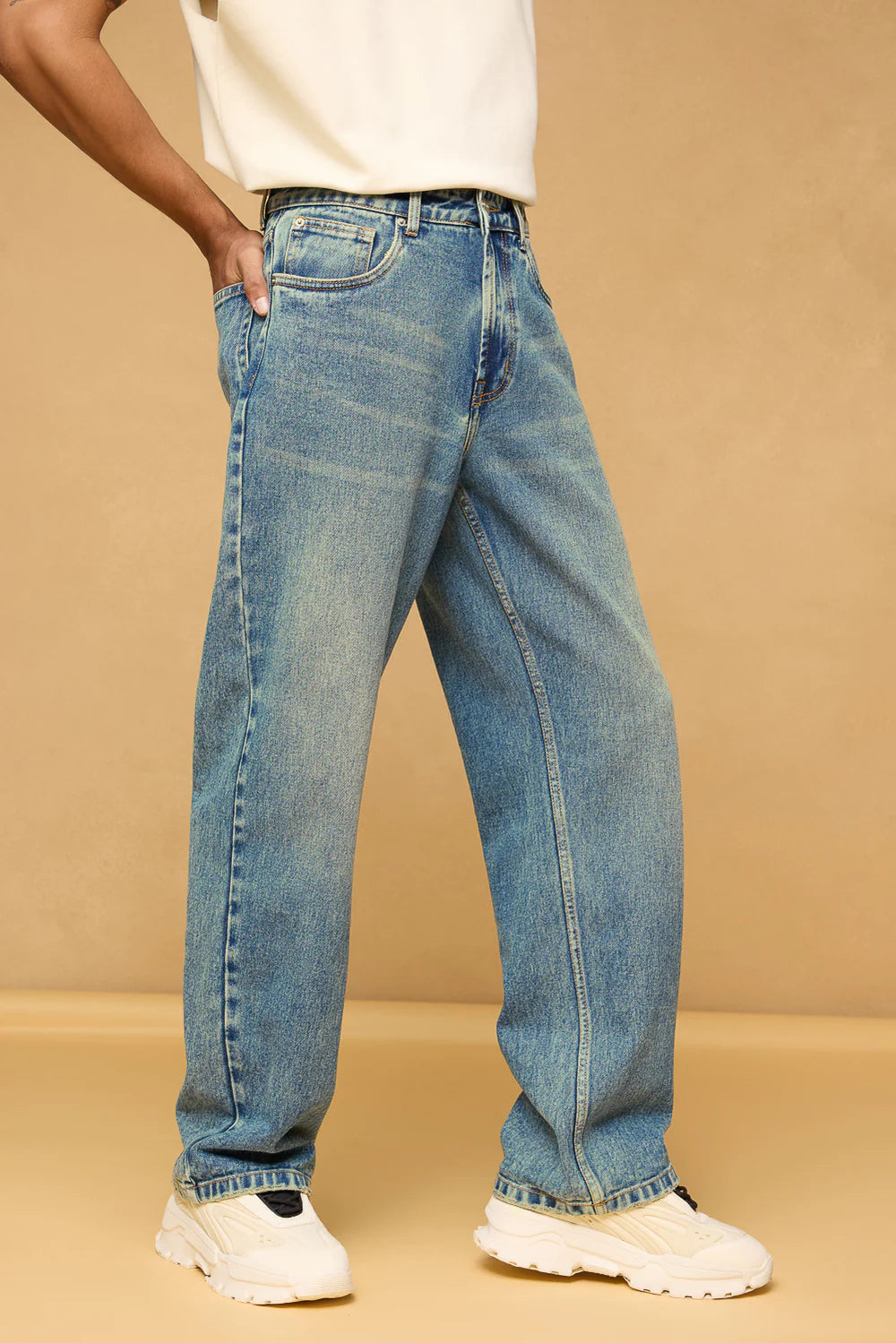 Trendy Blue Spruce Mens Baggy Straight Jeans with Relaxed Fit Casual Denim Style