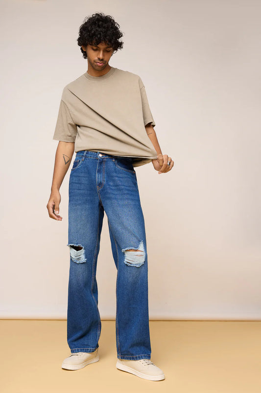 Mid Blue Denim Distressed Men’s Wide Jeans Stylish Loose Fit Casual Denim Pants