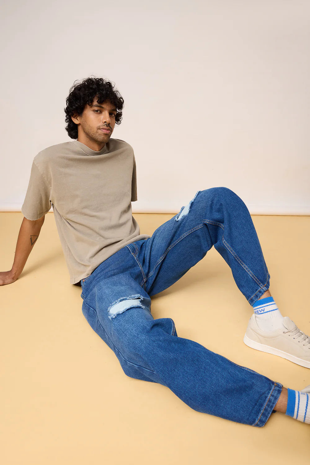 Mid Blue Denim Distressed Men’s Wide Jeans Stylish Loose Fit Casual Denim Pants