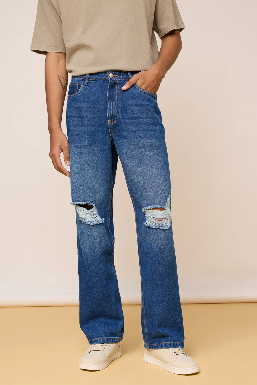 Mid Blue Denim Distressed Men’s Wide Jeans Stylish Loose Fit Casual Denim Pants