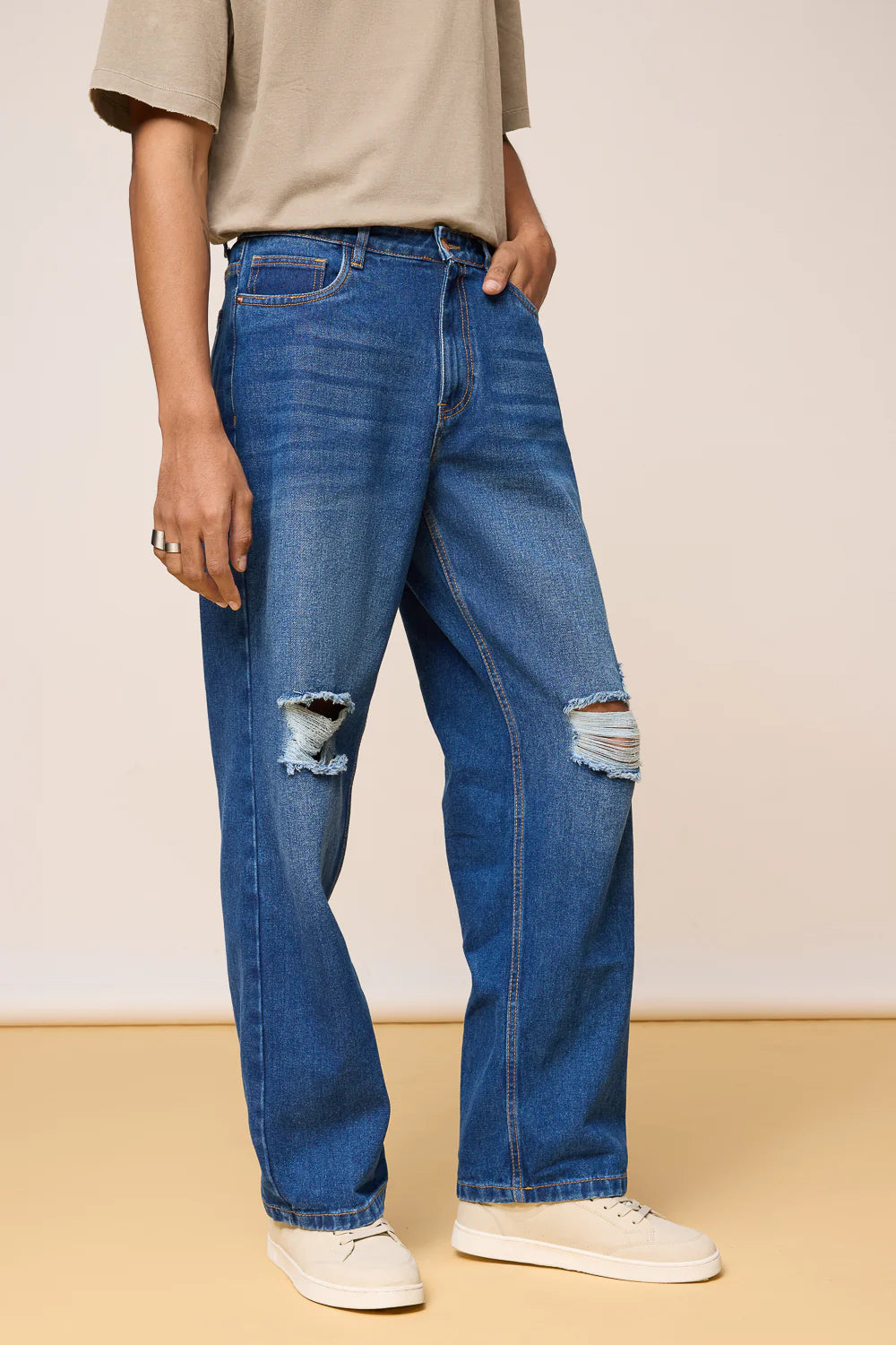 Mid Blue Denim Distressed Men’s Wide Jeans Stylish Loose Fit Casual Denim Pants