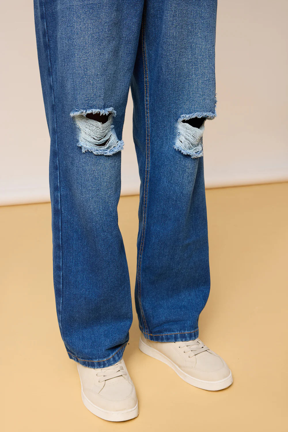 Mid Blue Denim Distressed Men’s Wide Jeans Stylish Loose Fit Casual Denim Pants