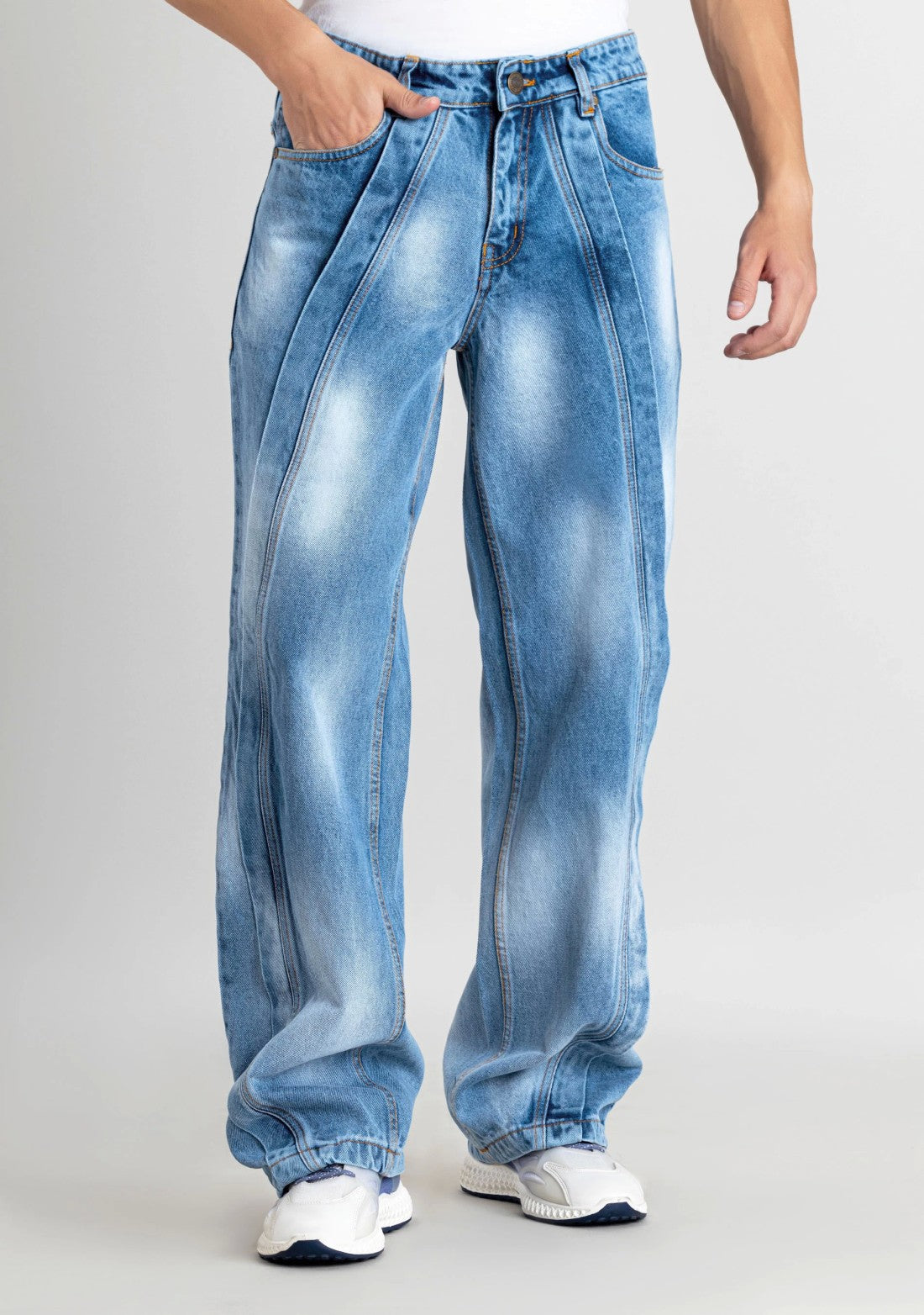 Mens Casual Blue Denim Wide Leg Jeans Modern Loose Fit Trousers