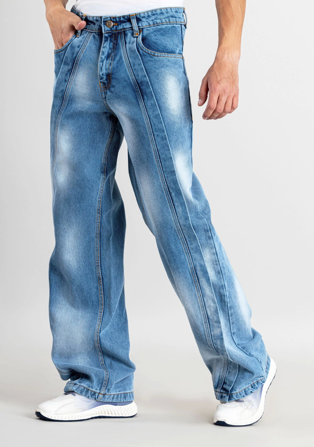 Mens Casual Blue Denim Wide Leg Jeans Modern Loose Fit Trousers