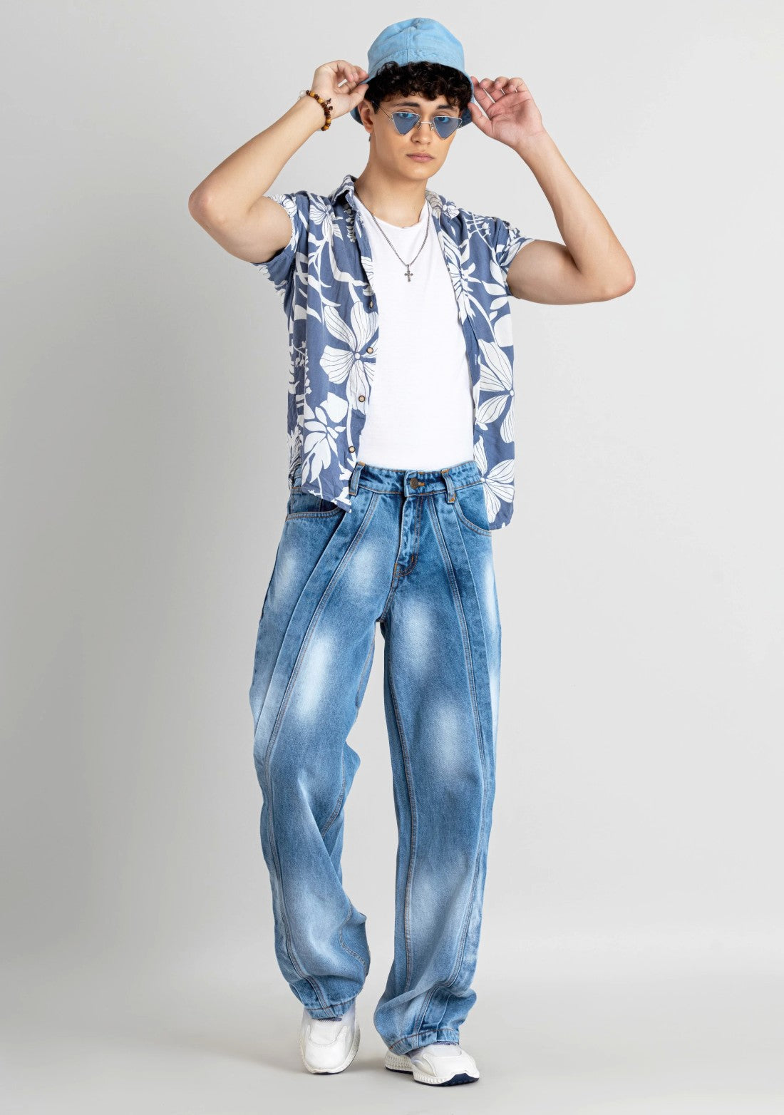 Mens Casual Blue Denim Wide Leg Jeans Modern Loose Fit Trousers