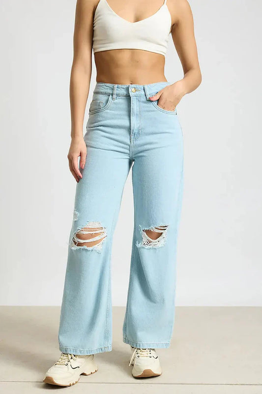 Aqua Haze Distressed Wide Leg Jeans for Women with Relaxed Fit