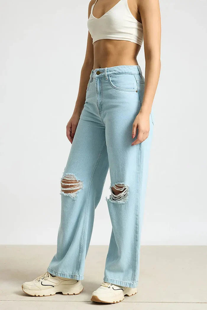 Aqua Haze Distressed Wide Leg Jeans for Women with Relaxed Fit