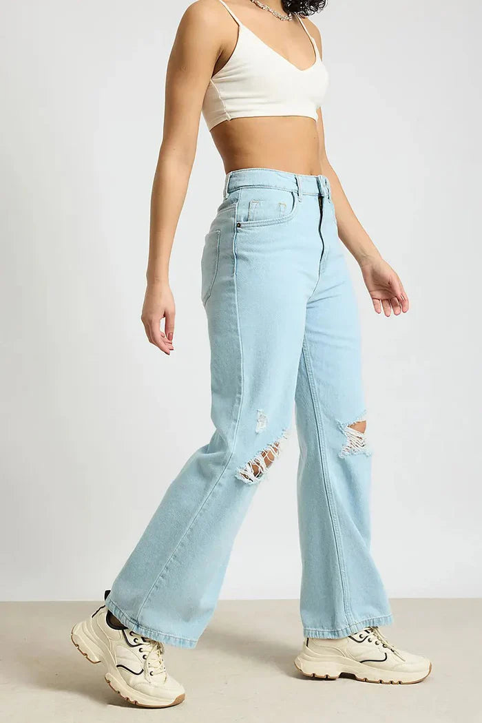 Aqua Haze Distressed Wide Leg Jeans for Women with Relaxed Fit