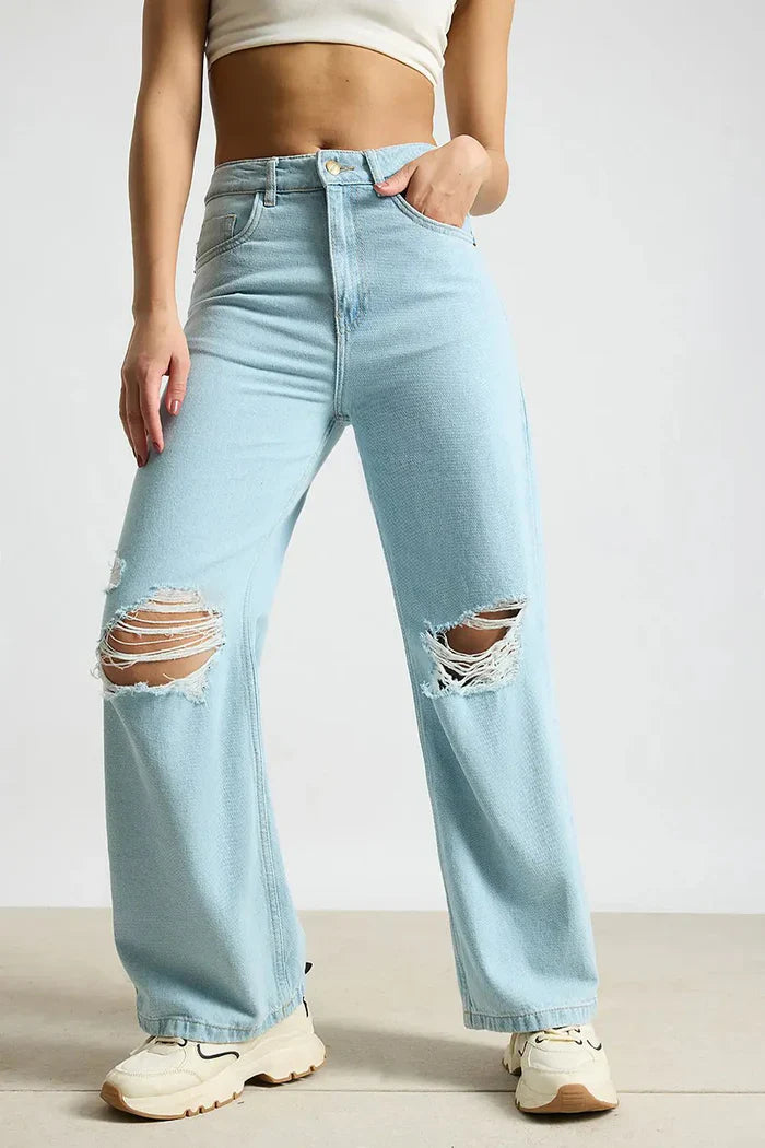 Aqua Haze Distressed Wide Leg Jeans for Women with Relaxed Fit