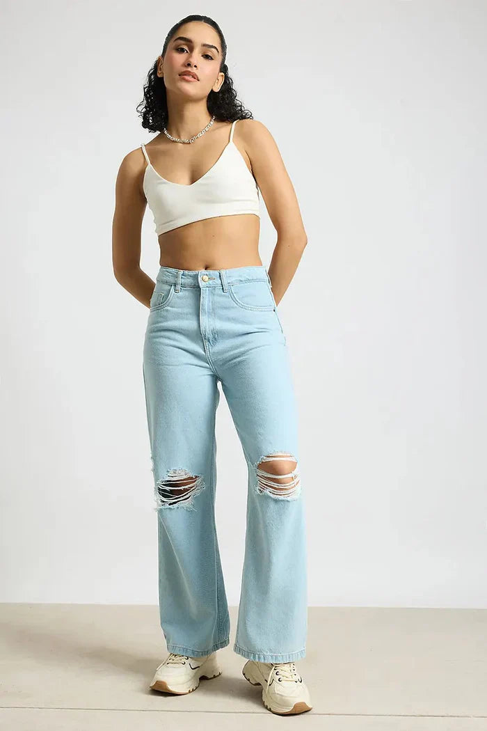 Aqua Haze Distressed Wide Leg Jeans for Women with Relaxed Fit