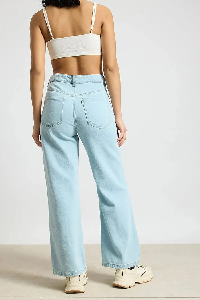 Aqua Haze Distressed Wide Leg Jeans for Women with Relaxed Fit