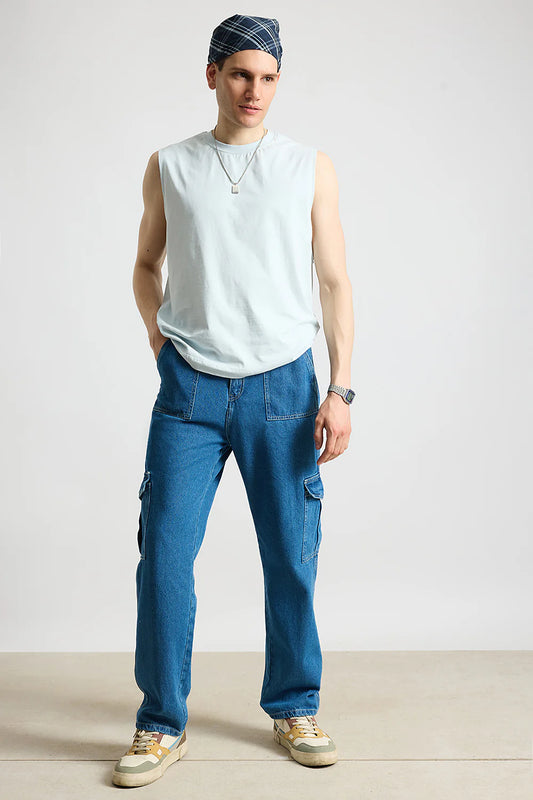 Blue Utility Men’s Baggy Straight Cargo Jeans Comfortable Loose Fit Everyday Denim