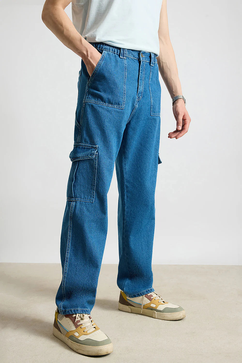 Blue Utility Men’s Baggy Straight Cargo Jeans Comfortable Loose Fit Everyday Denim