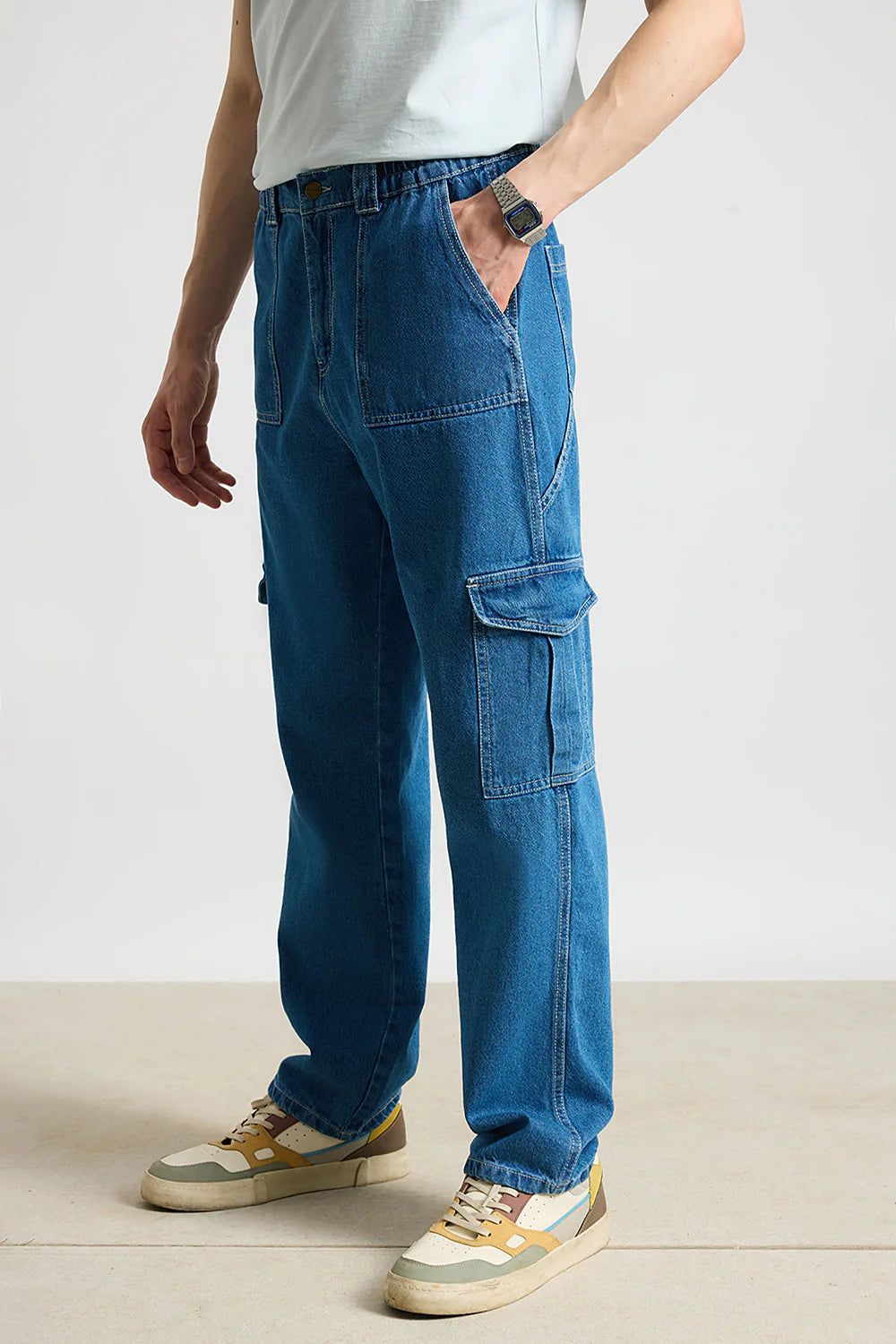 Blue Utility Men’s Baggy Straight Cargo Jeans Comfortable Loose Fit Everyday Denim