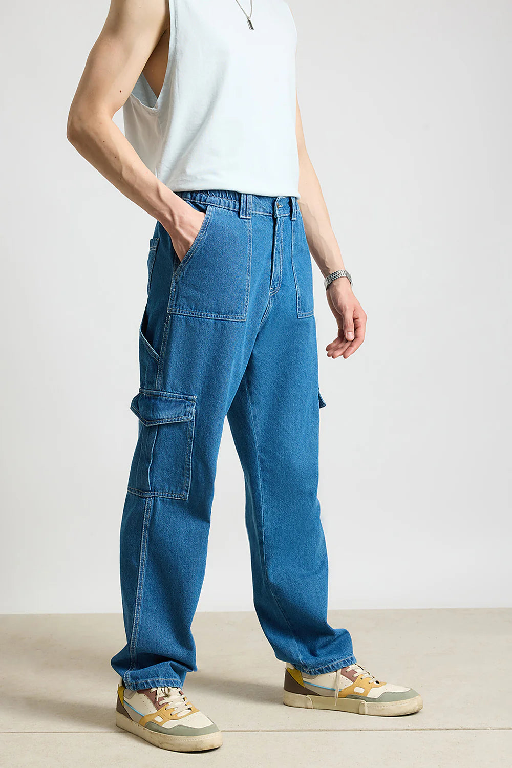 Blue Utility Men’s Baggy Straight Cargo Jeans Comfortable Loose Fit Everyday Denim