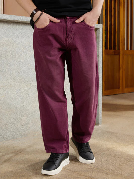Trendy Casual Loose Fit Maroon Jeans for Men in Stylish Design