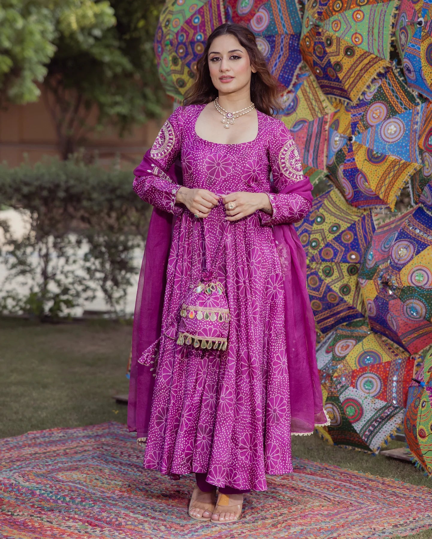 Traditional Magenta Bandhani Chanderi Suit Set for Women Offering Elegant Style and Comfortable Fit