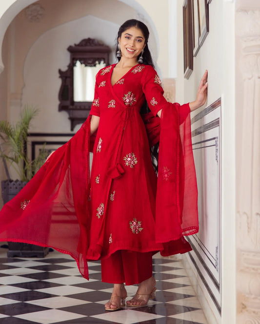 Premium Ruby Red Embroidered Doria Kurti Set with Dupatta for Elegant Styling