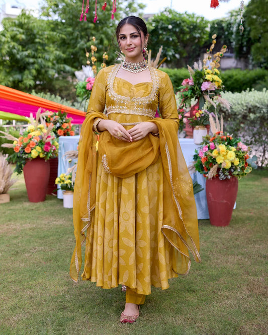 Designer Mustard Bandhani Chanderi Suit Set with Coordinated Dupatta
