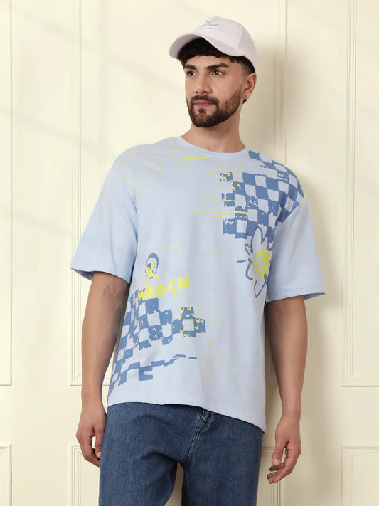 Contemporary Men’s Blue T-Shirt with Heavy GSM Material and Modern Placement Graphic Print