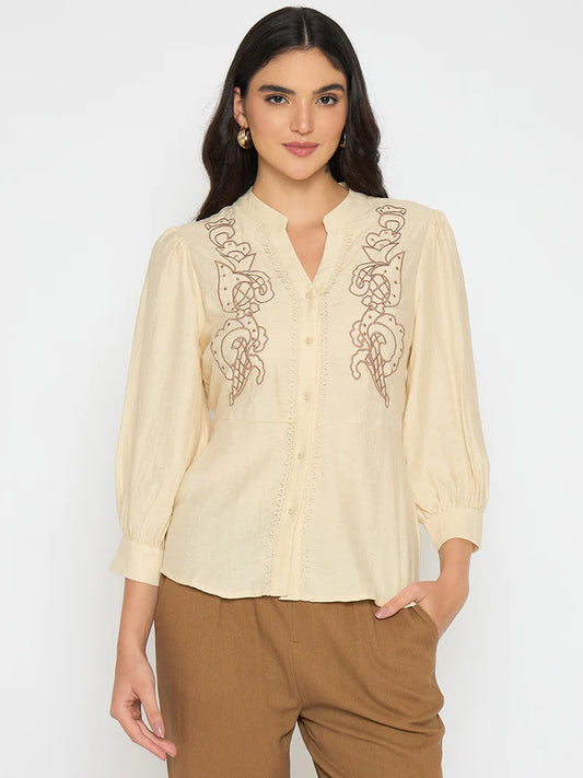 Graceful Beige Top for Women with Embroidered Lace Finish and Feminine Style