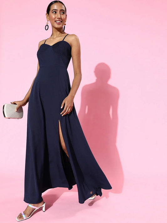 Navy Blue Sweetheart Neck Thigh-High Slit Flared Maxi Dress