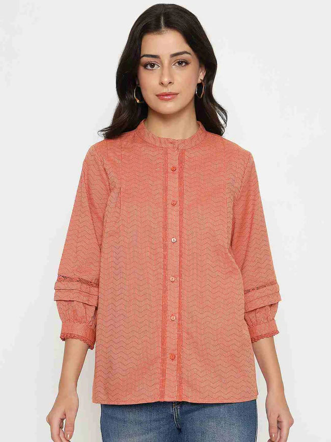 Modern Women’s Rust Red Striped Cotton Blend Top with Classic Styling for Daily Outfits
