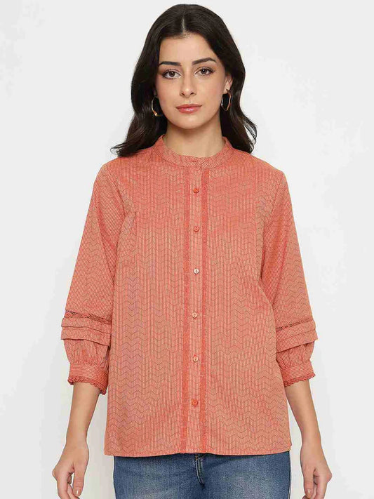 Modern Women’s Rust Red Striped Cotton Blend Top with Classic Styling for Daily Outfits