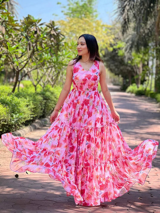 Designer Pink Floral Print Dress for Women Perfect for Parties Formal Events and Celebrations