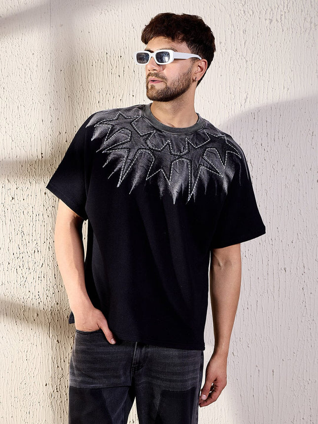 Exclusive Black Ombre Oversized T-shirt for Men with Detailed Star Embroidery and Relaxed Fit