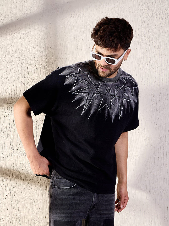 Exclusive Black Ombre Oversized T-shirt for Men with Detailed Star Embroidery and Relaxed Fit