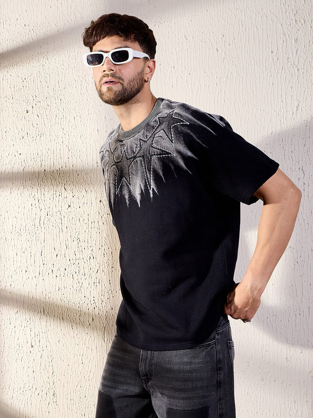 Exclusive Black Ombre Oversized T-shirt for Men with Detailed Star Embroidery and Relaxed Fit