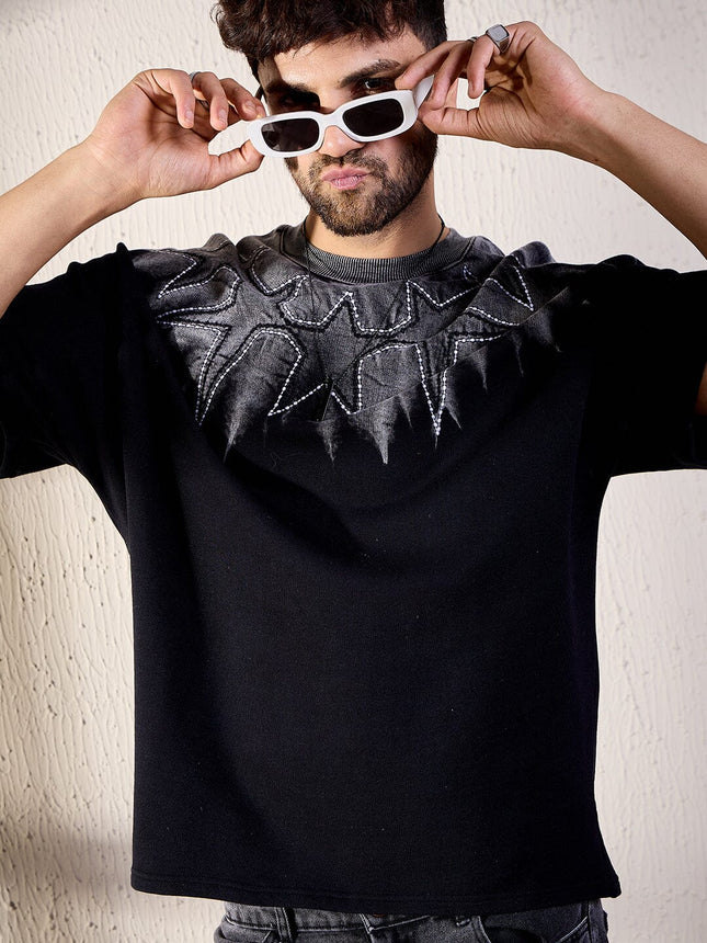 Exclusive Black Ombre Oversized T-shirt for Men with Detailed Star Embroidery and Relaxed Fit