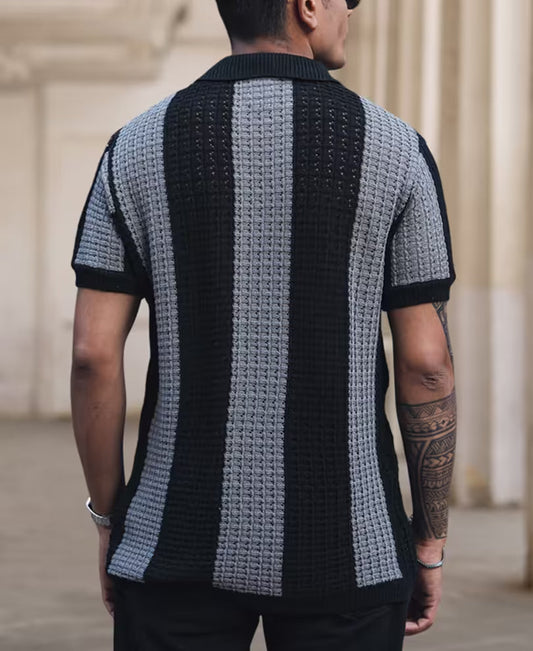 Classic Black and Grey Striped Crochet Half Sleeve Casual T-Shirt for Men