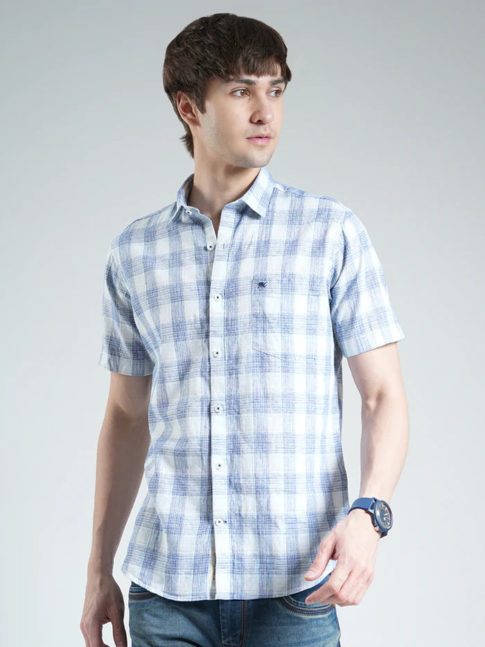 Stylish Men’s Blue Checkered Half Sleeve Shirt with Classic Collar – Casual and Office Wear Cotton Shirt for Daily Comfort