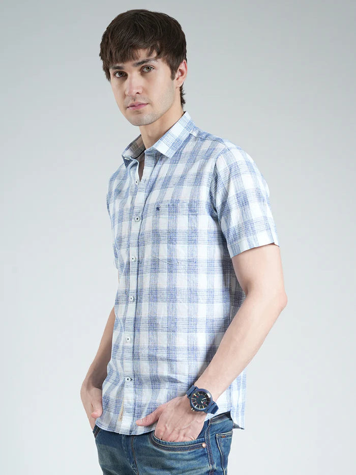 Stylish Men’s Blue Checkered Half Sleeve Shirt with Classic Collar – Casual and Office Wear Cotton Shirt for Daily Comfort