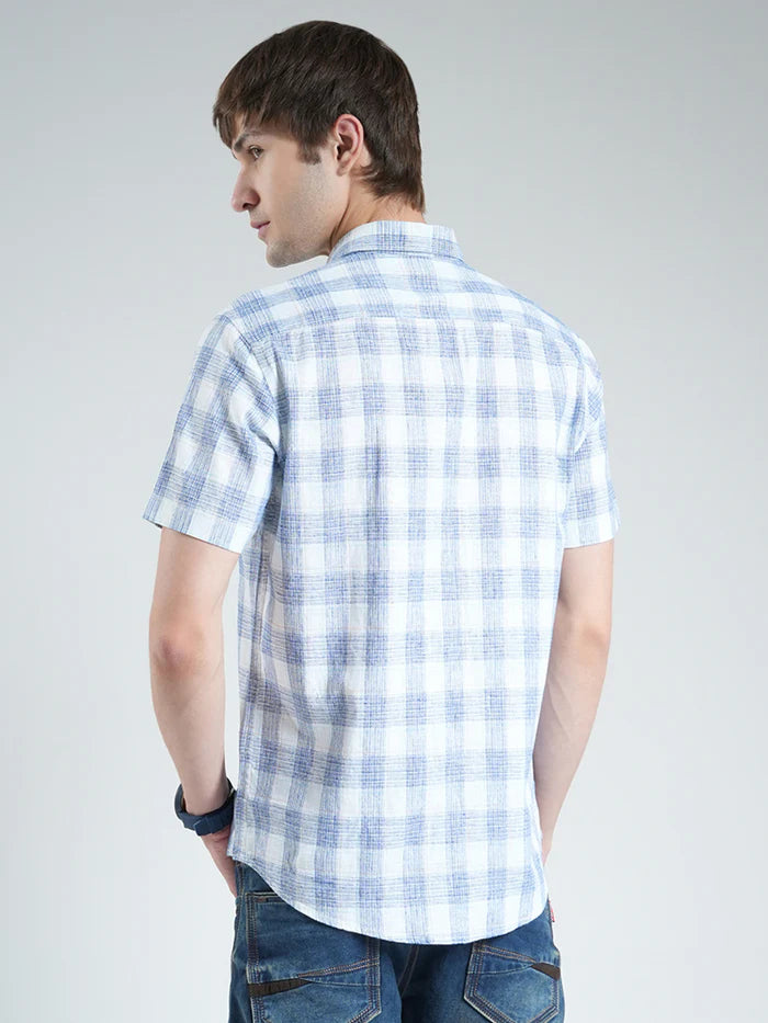 Stylish Men’s Blue Checkered Half Sleeve Shirt with Classic Collar – Casual and Office Wear Cotton Shirt for Daily Comfort