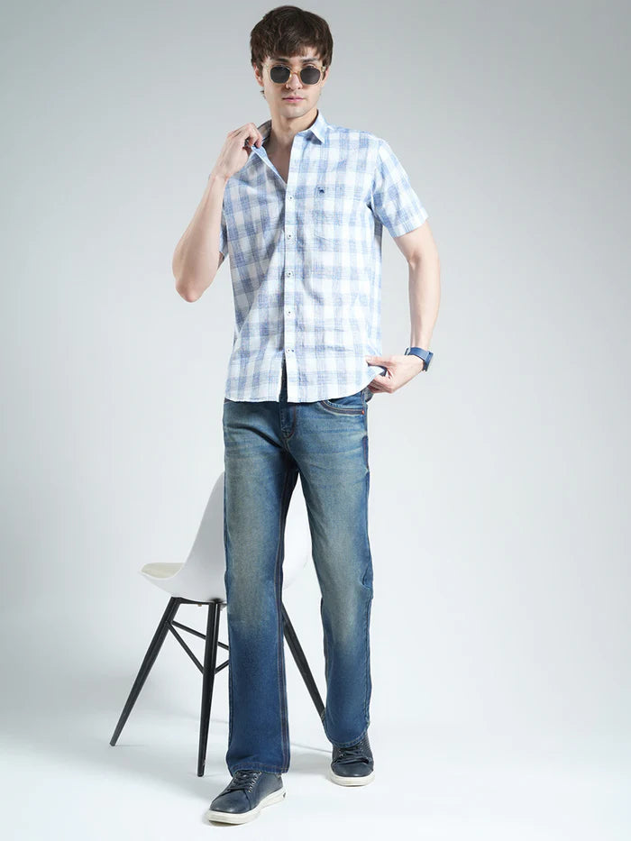 Stylish Men’s Blue Checkered Half Sleeve Shirt with Classic Collar – Casual and Office Wear Cotton Shirt for Daily Comfort