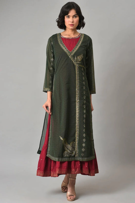 Designer-Inspired Green Mock Angrakha Style Gillet with Flowing Maroon Tiered Dress for Special Occasions