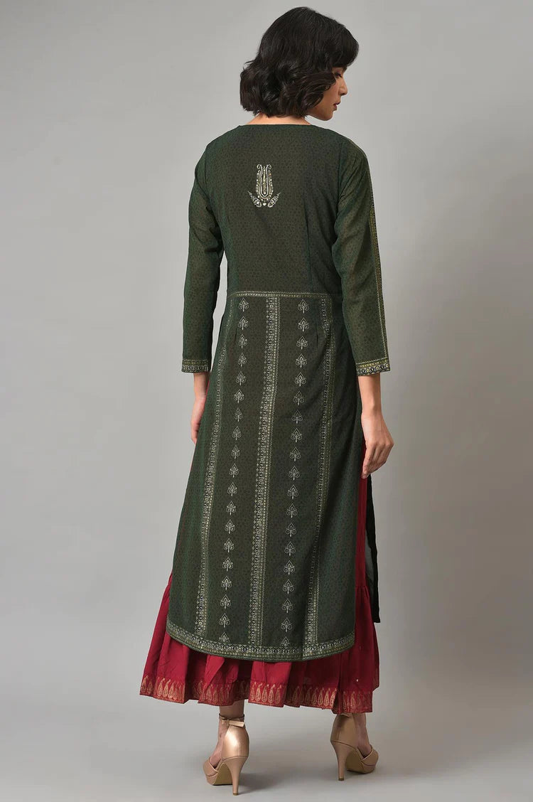 Designer-Inspired Green Mock Angrakha Style Gillet with Flowing Maroon Tiered Dress for Special Occasions