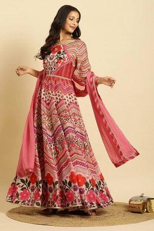 Designer Multi-Colour Floral Print Anarkali Dress and Dupatta Ensemble for Women