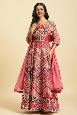 Designer Multi-Colour Floral Print Anarkali Dress and Dupatta Ensemble for Women