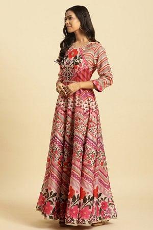 Designer Multi-Colour Floral Print Anarkali Dress and Dupatta Ensemble for Women