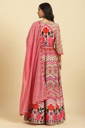 Designer Multi-Colour Floral Print Anarkali Dress and Dupatta Ensemble for Women